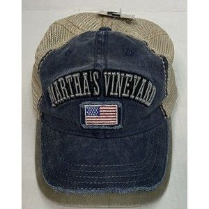Martha’s Vineyard Hat Cap Blue Tan Distressed Look American Flag Adjustable New